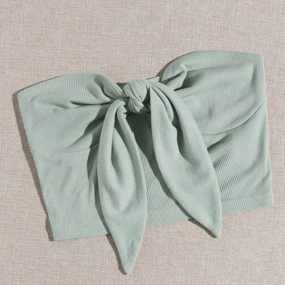 NWT SHEIN Tie-Front Ribbed-Knit Tube Top- Green - Picture 2 of 4